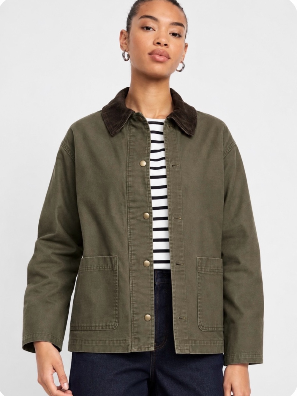 Old Navy Olive Utility Jacket with Dark Brown Corduroy Collar Size XS